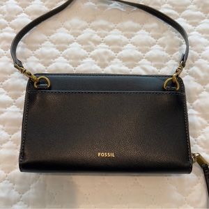 Fossil Black Leather Crossbody Clutch NEW